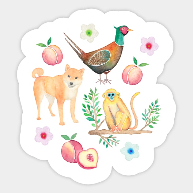 Dog, Monkey and Pheasant with Peaches Sticker by Julia Madoka